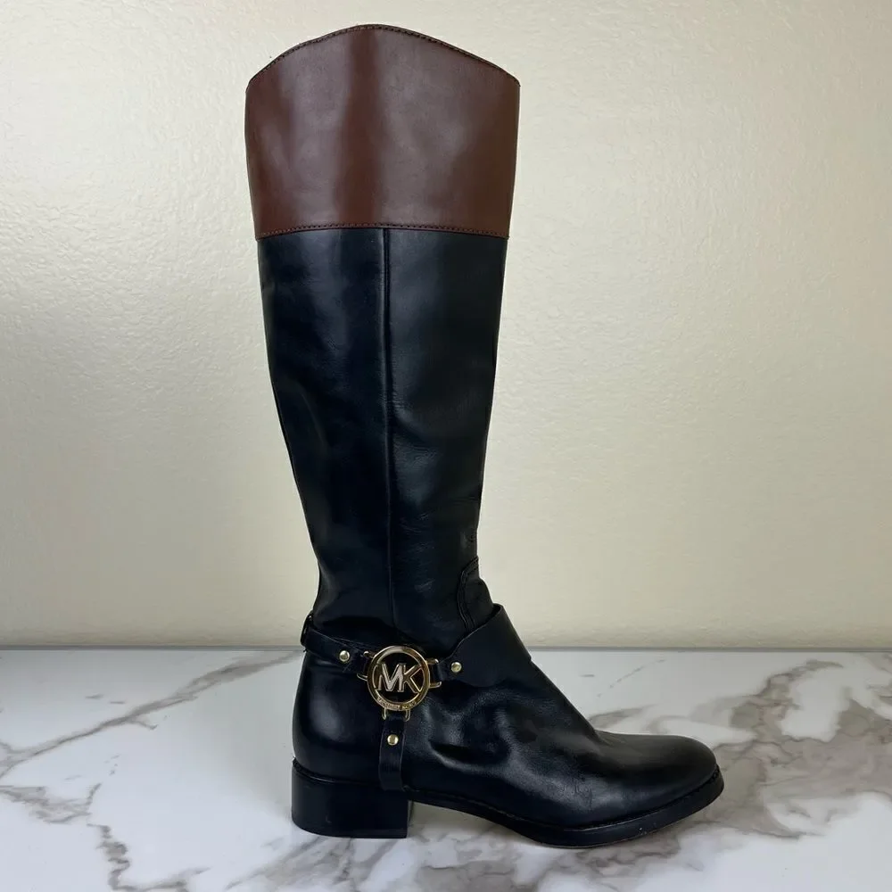 Michael Kors Women Size 6.5 Fulton Harness Two Tone Leather Riding Boots